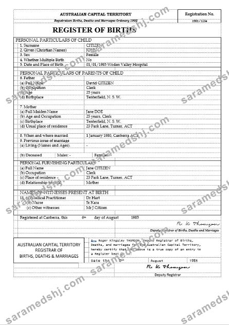 Australia Australian Capital Territory birth certificate template in Word format, version 2